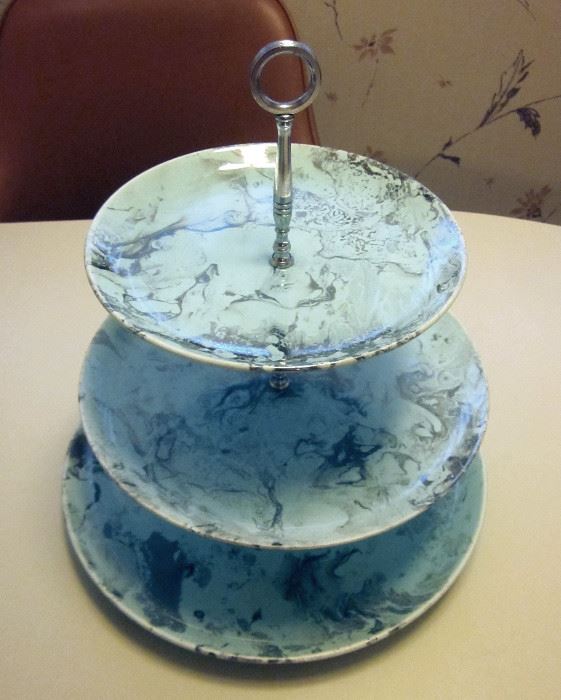 Three-tier mid century tidbit tray; turquoise blue and silver.