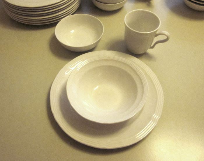Gibson Everyday China, simple white design; dinner plates, soup bowls, cereal bowl, mugs.