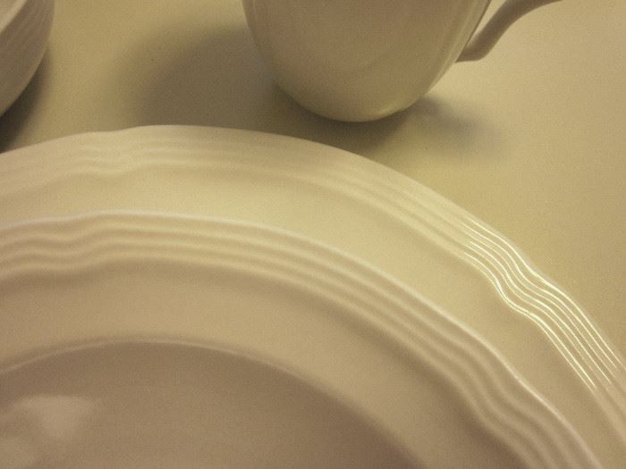 Gibson Everyday China, simple white design; dinner plates, soup bowls, cereal bowl, mugs.