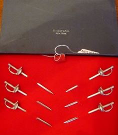 Vintage, Tiffany & Co. New York, sterling silver sword cocktail picks.  Set of six in original box.