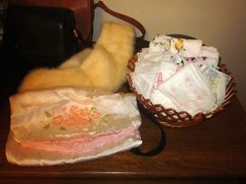 Vintage handkerchiefs, satin lingerie keeper, fur collar