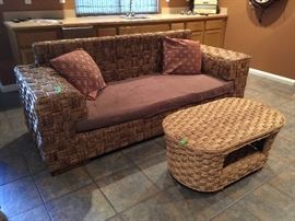 High-end designer Balinese woven sofa and cocktail table. Sofa 195.00 o.b.o.