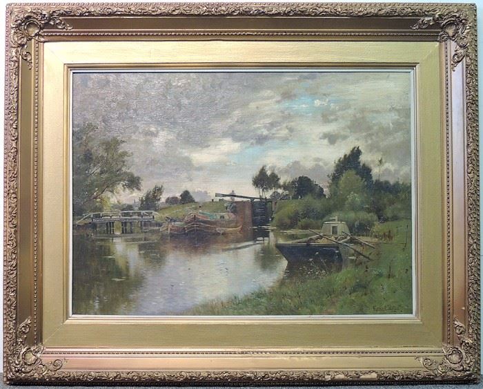 Lot 241 Ernest Parton Oil on Canvas, Landscape with Barges