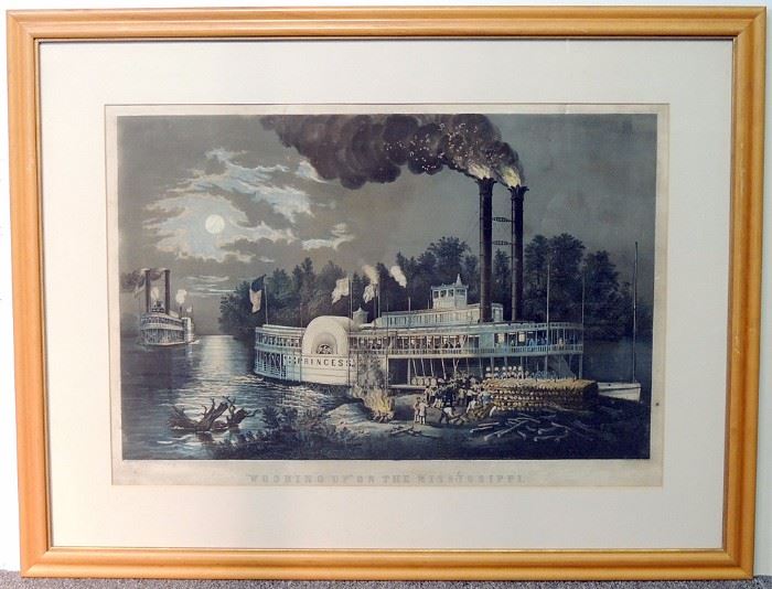 Lot 295 Currier & Ives Lithograph, 'Wooding Up' On the Mississippi