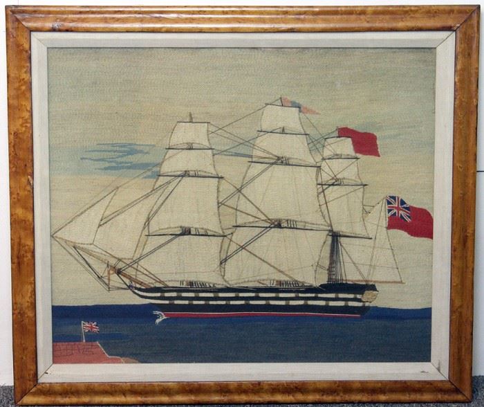 Lot 302A 19th C. English Woolwork of British Frigate
