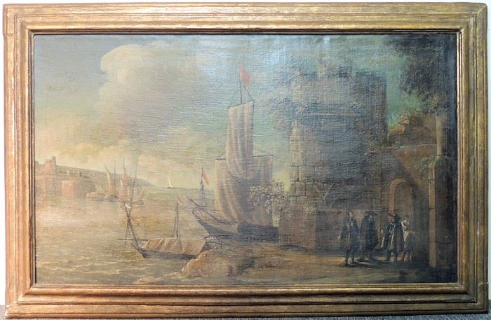 Lot 304 19th C. Continental School Oil on Canvas, Harbor Scene