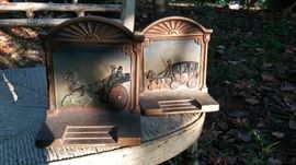 Best of All! Rarest Marked Bradley and Hubbard Mfg. Co. Brass Plated Cast Iron Bookends depicting A Coach and A Cabriolet, aka A Cab. Both hand painted vintage perfection in mint condition. Bring lotsa money.