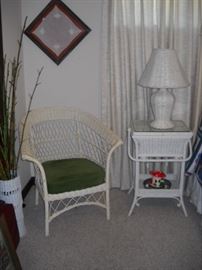 WICKER SEWING BASKET TABLE AND CHAIR WITH SPRING CUSHION