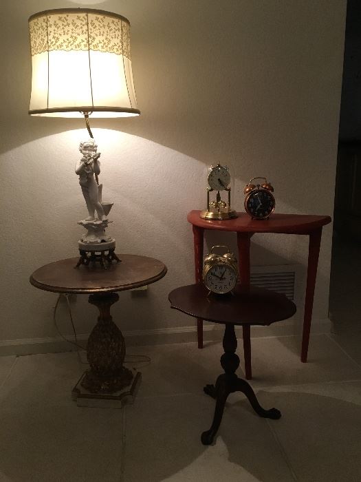 Three tables; misc clocks & Ceramic Lamp
