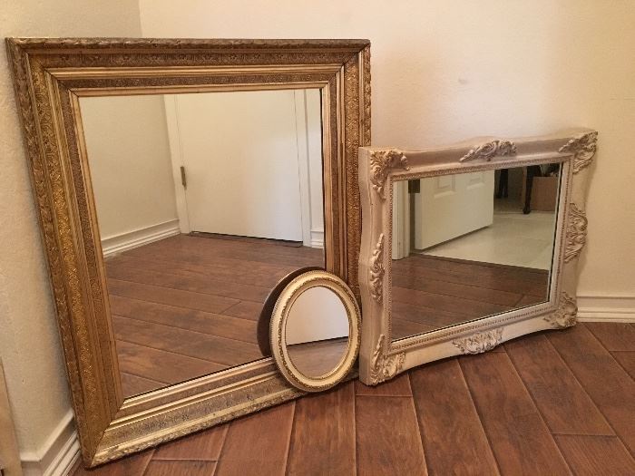 Large Antigue Golden Mirror 33" x 28" w/ HD hanger wire;  Large French Provencial Mirror 23" x 30"; SOLD;  Small French Provencial Oval Mirror 9" x 12"