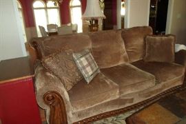 very nice, clean sofa w/wood trim