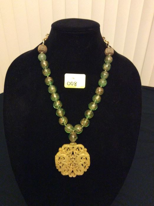 HFJ008 Celadon Yellow Green Jade Pendant w/ Peking Glass Beads
