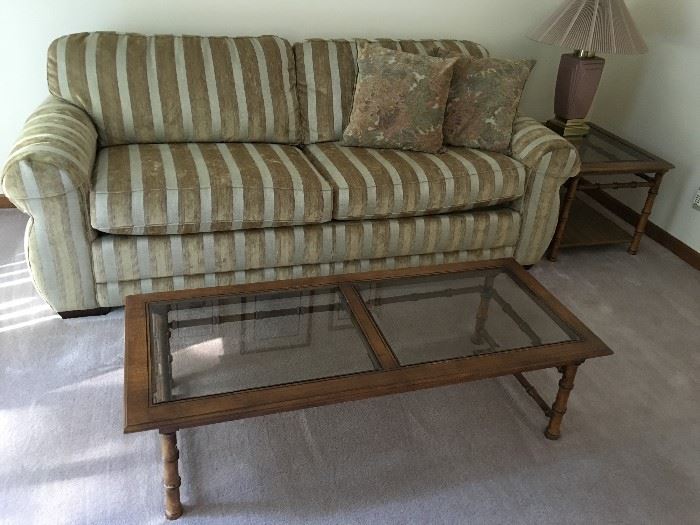 La-Z=Boy sofa in exceptional condition; Also mid-century style bamboo glass coffee table and side table