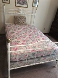Full size White iron bed w/decorative polished brass accents