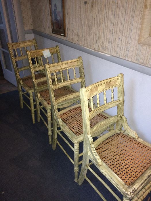 This is a set of 4 painted East lake chairs. This caned seats are in excellent condition. The chairs are also in great condition and could be used now.