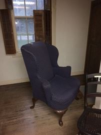 This a handsome Queen Ann chair with good carving, and cover. The chair is sound. 
