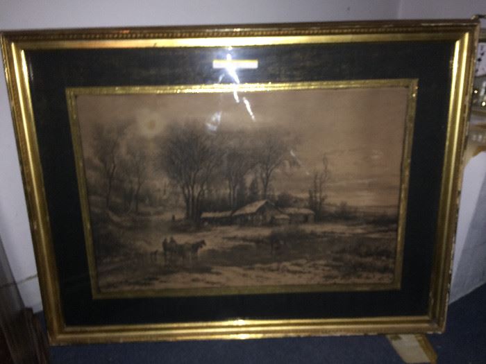 This a very early print of a country side. The frame is very very heavy and has been together for a long time.