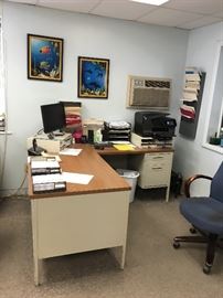 Metal desk, chair, office supplies and Cozumel art