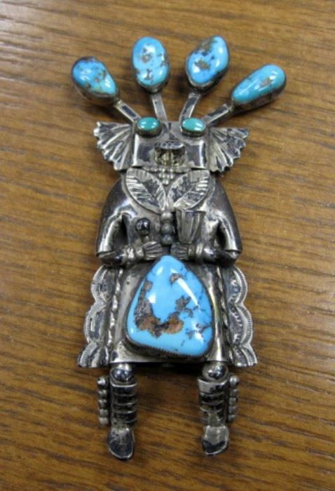 4" Navajo Turquoise & Silver Kachina Pin