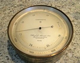 Antique Short & Mason Surveyors Aneroid Barometer			
Surveyor's aneroid barometer, model #156, by Short and Mason Ltd., London, late 19th/early 20th century (before 1910). The barometer has a brass case that is 4 1/2" in diameter and 2" deep.