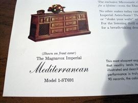 1960s Mid Century Magnavox Console Stereo			
Magnavox Imperial Mediterranean Model 1-ST691 Hi Fi Console Stereo from the 1960s, works great and still has its 45rpm adaptor. 66" long, 19" deep, and 29" tall.