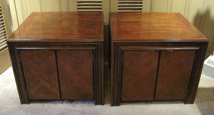 Pair Mid Century Lane Furniture Burl Wood Cabinets			
Pair of storage cabinets/end tables by Lane Furniture, circa late1960s/early 1970s. Possibly a Milo Baughman design. 25" x 25" x 22" tall. 