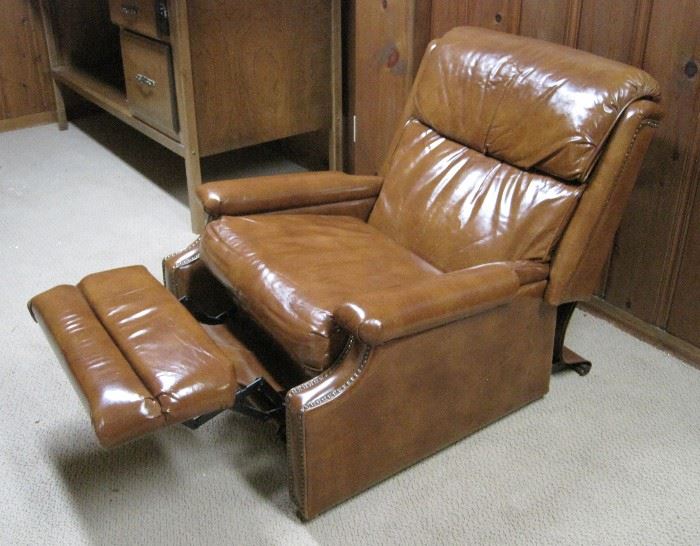 Vintage Barcalounger Leather Recliner #1 Excellent			
Vintage mid century Barcalounger leather recliner. This is one of a pair that we are selling in this auction. The mechanism and leather upholstery are in excellent condition.