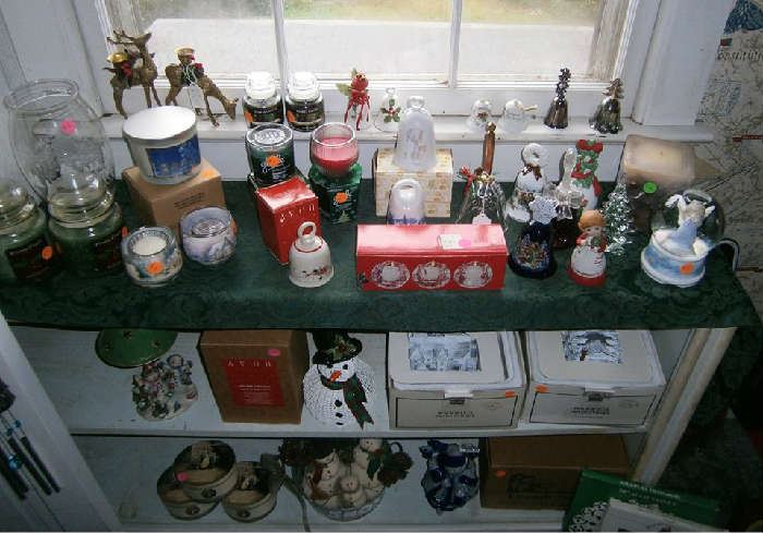 Christmas candles, decorative bells, wicker snowmen, Santa figurine, snowmen centerpiece, angel snowglobe and more!