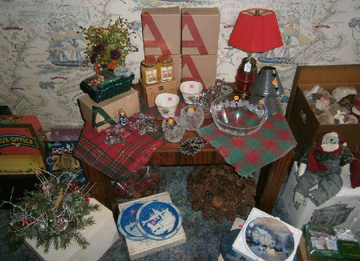 Christmas merchandise including vintage centerpieces, Lenox Christmas bowls, decorative plates, Avon potpourri, and more.