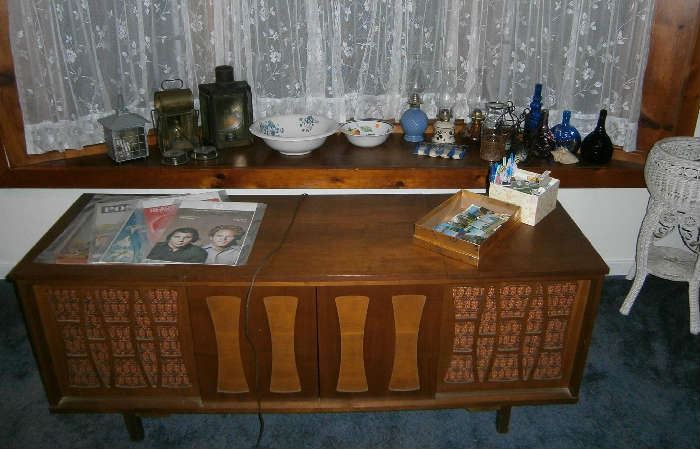 Morse Console Stereo, assorted oil lamps, colored bottles and more!