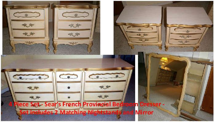 Sears French Provincial Dresser, Night Stands and Mirror.  Asking $100