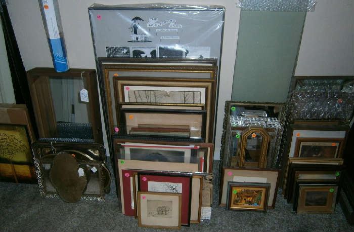 Assorted prints, some framed, display cases, mirrored shelves (for display), glass shelves (for display) and more!