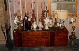 WE HAVE LAMPS! Some working, some needing repair, different shapes and sizes. Nice andiron set to the left. Lamps start at $5!