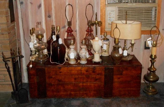 WE HAVE LAMPS!  Some working, some needing repair, different shapes and sizes.  Nice andiron set to the left.  Lamps start at $5!