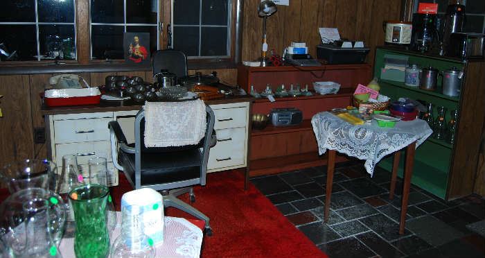 Vintage 1960 Metal Desk, another game tables, wood shelves and more!