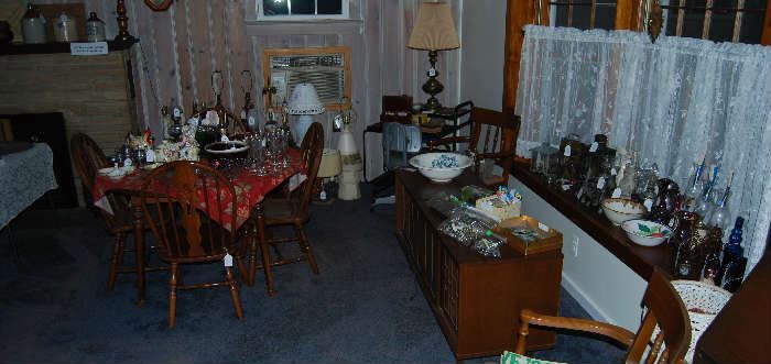 Lamps, dishes, decorative bottles, glassware, antique poker set, metal computer desk with chair (great for a kids room), dining room table with chairs and 3 leaves - all available - make an offer!
