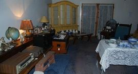 Vintage stereo system, large light colored hutch, vintage globe, decorative plates, old carpenter's trunk, still available - all reasonable offered considered!