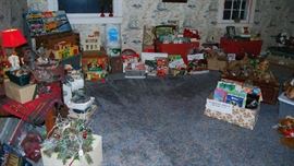 More seasonal - Christmas village items, Christmas plates and décor, Snowmen items and more - lots of box lots on wrap, bows and ribbon.