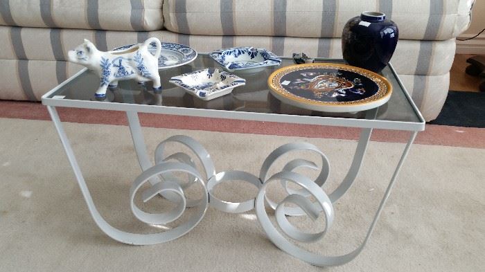 Wrought iron/glass side/coffee table.