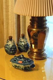 blue and white containers