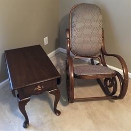 queen anne style table w/drop leaves and 1 drawer, upholstered rocking chair