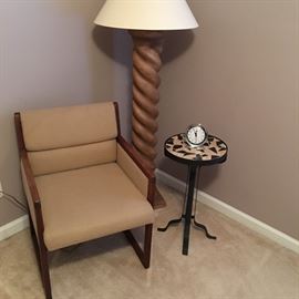 Office desk, floor lamp, and WROUGHT IRON MASAIC TOP TABLE/PLANT STAND