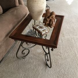 glass/metal side table with beveled glass top and misc. bric-a-brac, pair of lamps