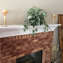 mantle greenery, pair of metal iridescent glass décor items, set of polished brass fireplace tools