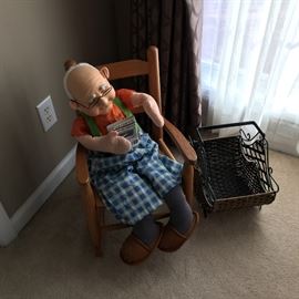 Child's rocker, wire/wood basket, old man w/slipper plush