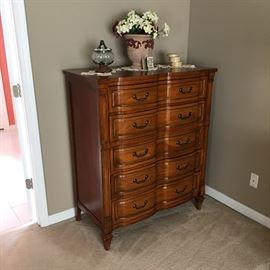 VINTAGE KENT COFFEY SAVONA  5-DRAWER HIGHBOY, misc. bric-a-brac