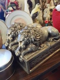 lion book ends, bird figurines, collector plates