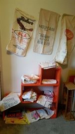 fantastic vintage flour sacks and great orange shelf