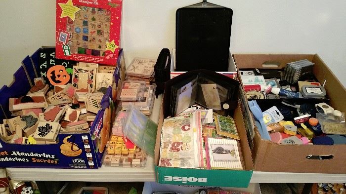 lots of stamps, ink pads, stickers, decorative punches, brass stencils - at bargain prices!