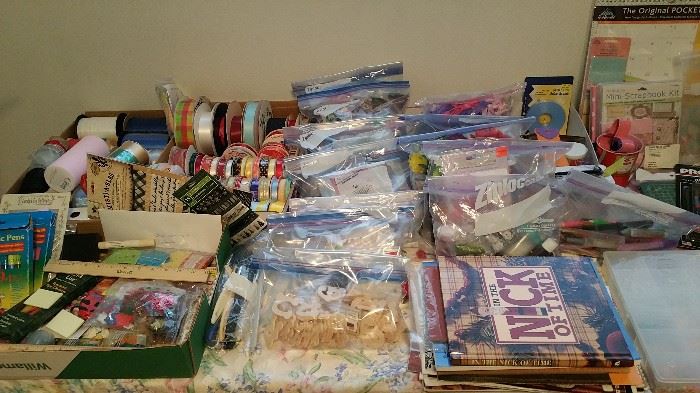bags of craft stuff - buttons, ribbons, flowers, glitter - lots of rolled ribbon too